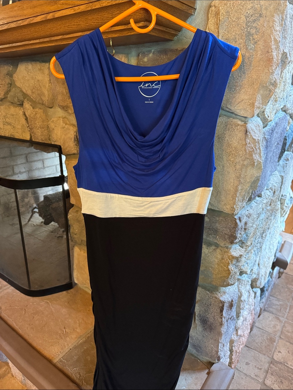 INC International Concepts Royal Blue, White & Black Draped Maxi Dress